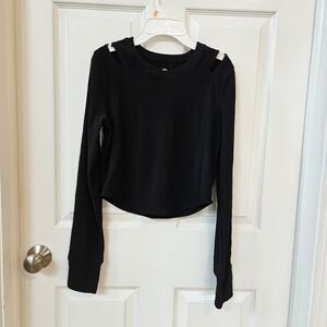 Move Theology Black Cropped Long Sleeve Top Cutout Shoulder Athletic Gym Women M